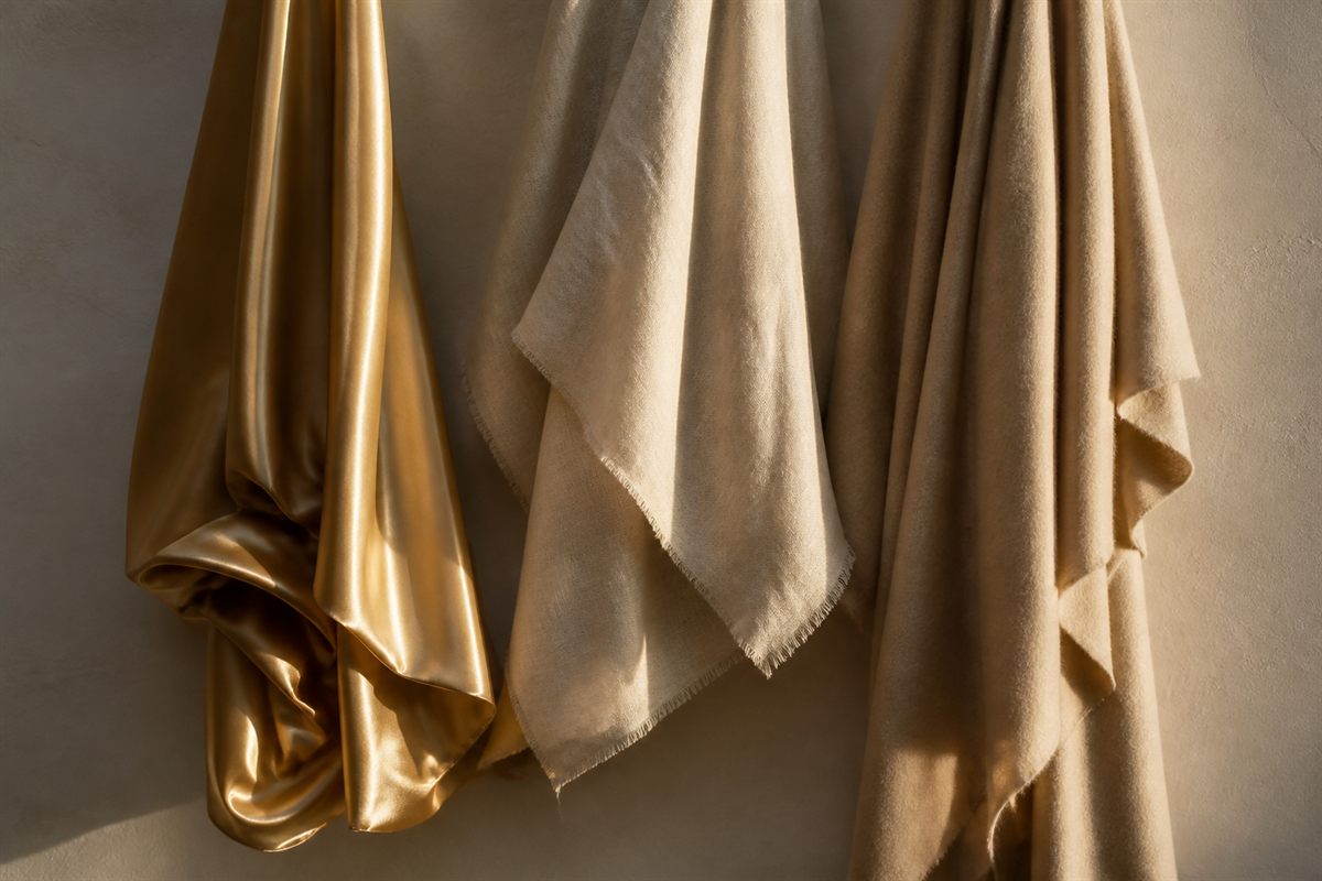 Three lengths of fabric hung side by side — gold silk, cream wool, and sand linen — each catching the raking light differently.