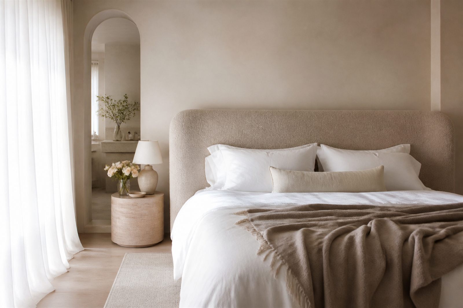 Bedroom with a wide greige bouclé headboard, crisp white bedding, a folded taupe cashmere throw, and sheer curtains diffusing morning light.