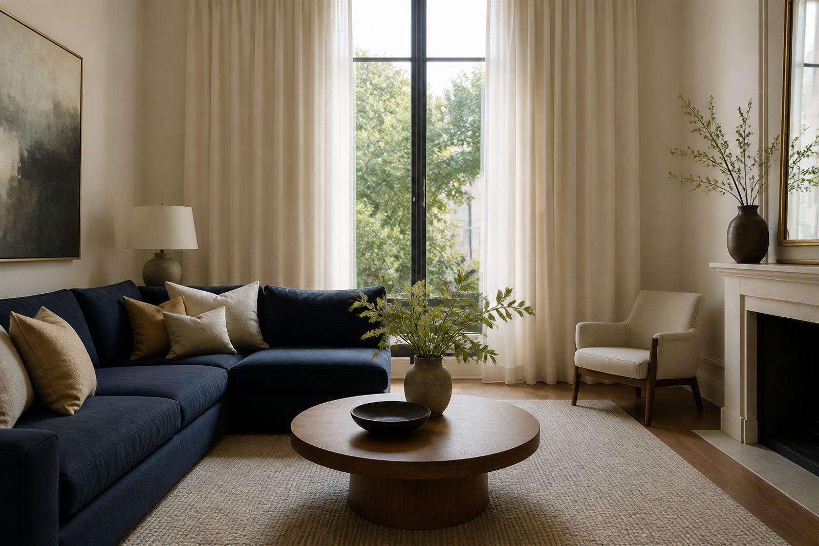 Living room with a deep navy linen sofa, soft gold and cream cushions, a round walnut coffee table, and full-length cream linen curtains.