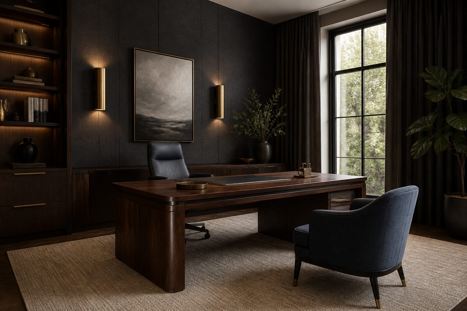 Executive office with charcoal wool acoustic wall panels, a dark walnut desk, a slate blue upholstered chair, and heavy drapery at a tall window.