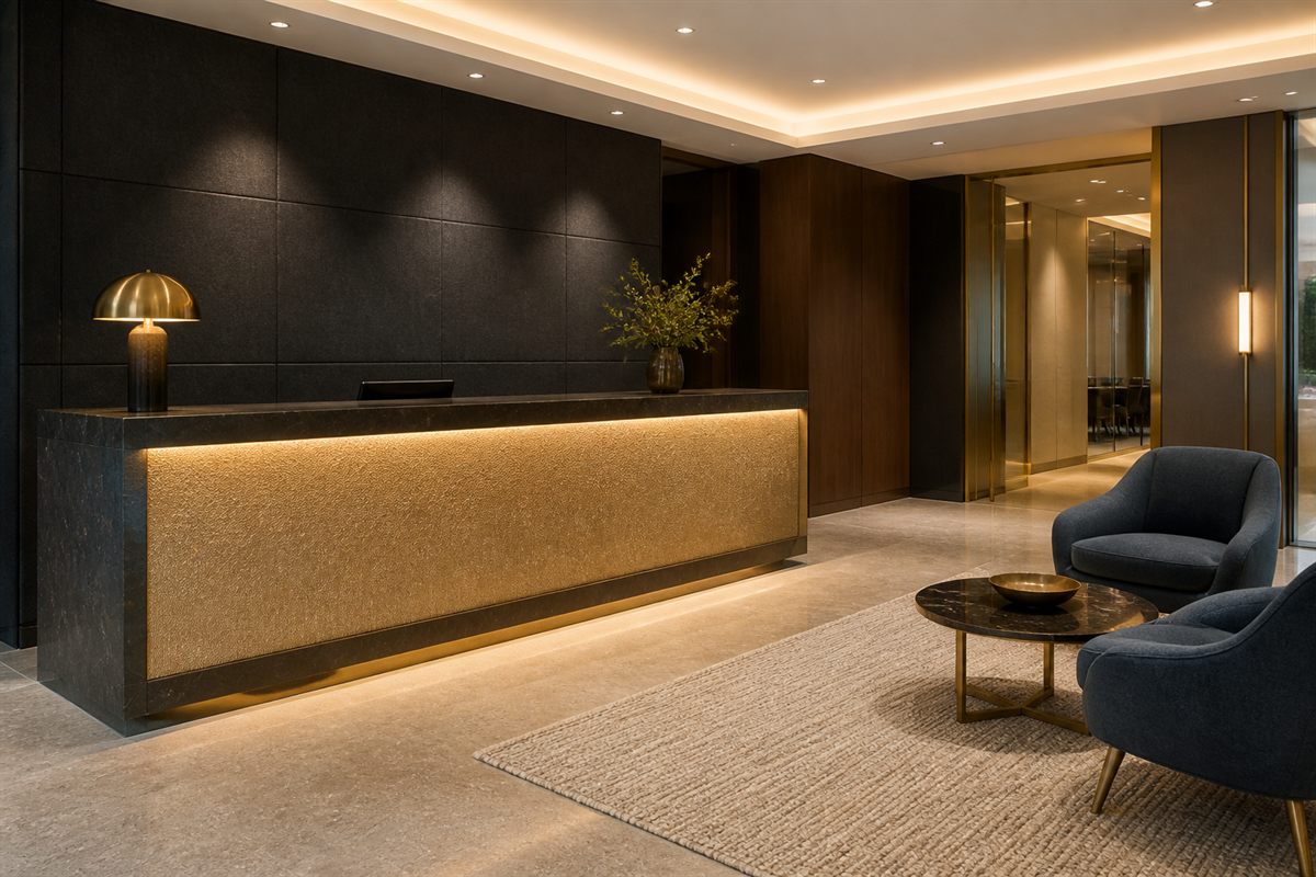 A reception desk with a gold textured fabric front panel against a charcoal upholstered wall, with slate blue lounge chairs alongside.