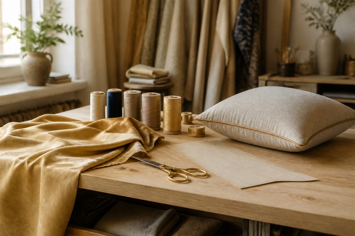 A workroom table with gold silk mid-project, brass shears, thread spools, a paper pattern, and a finished piped linen cushion.