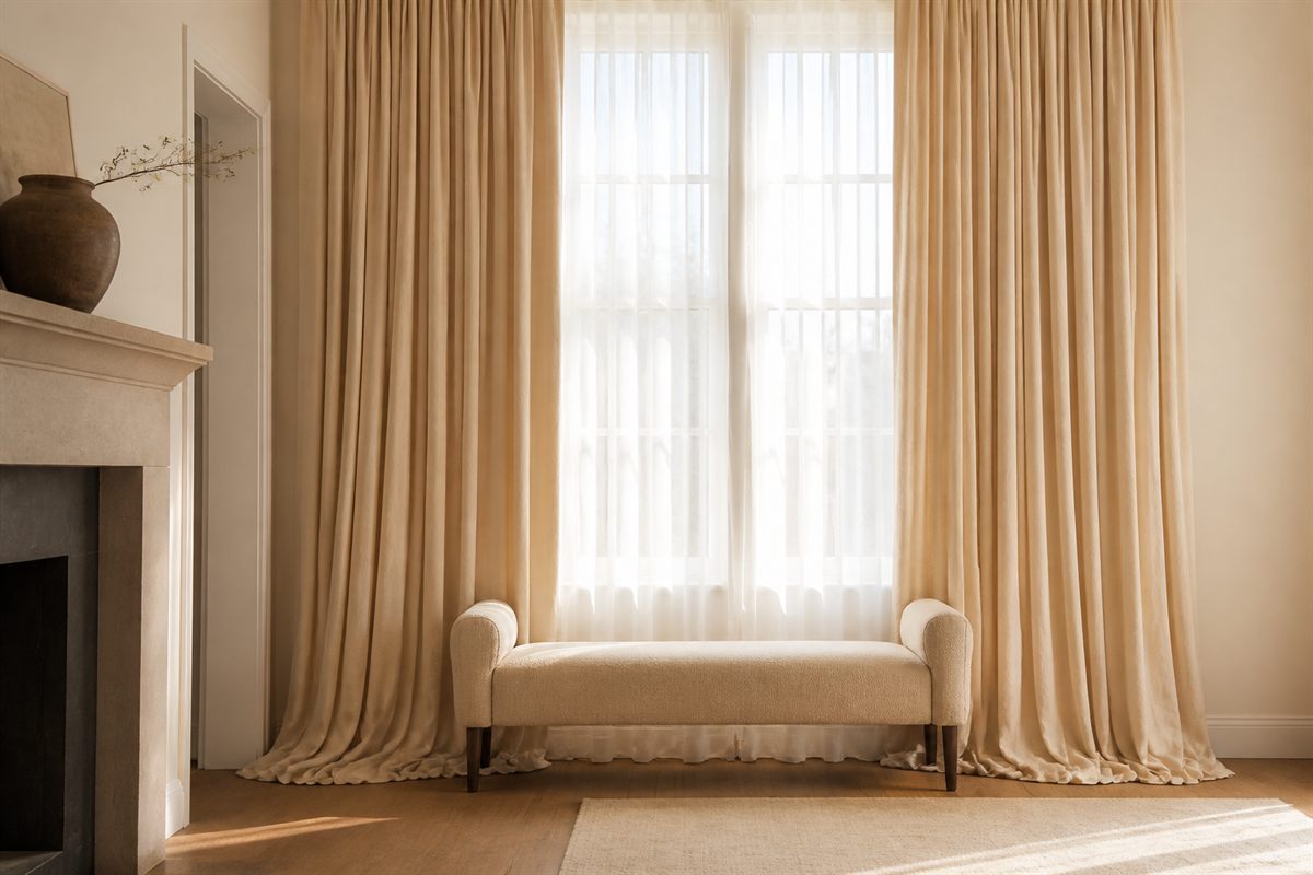 A tall window in sand-coloured pinch-pleat linen drapery over a sheer under-curtain, with a cream upholstered bench beneath.