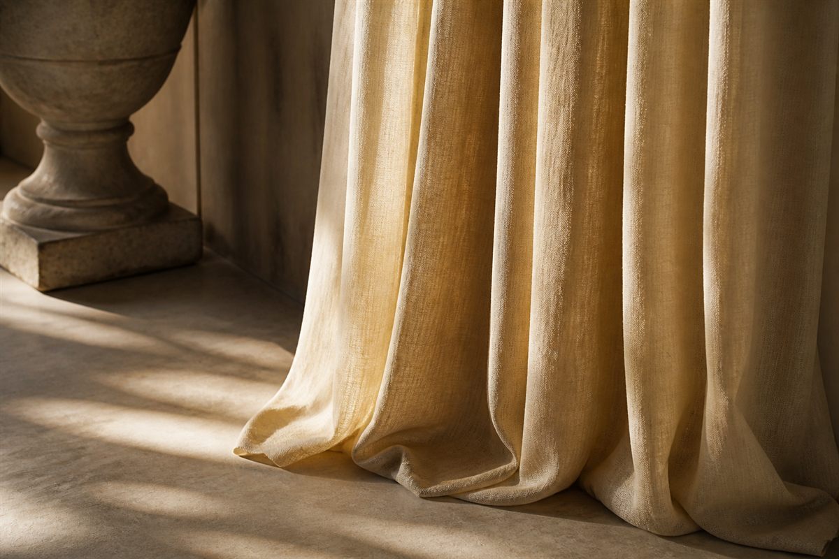 Low daylight raking across the folds of a floor-length cream linen curtain.