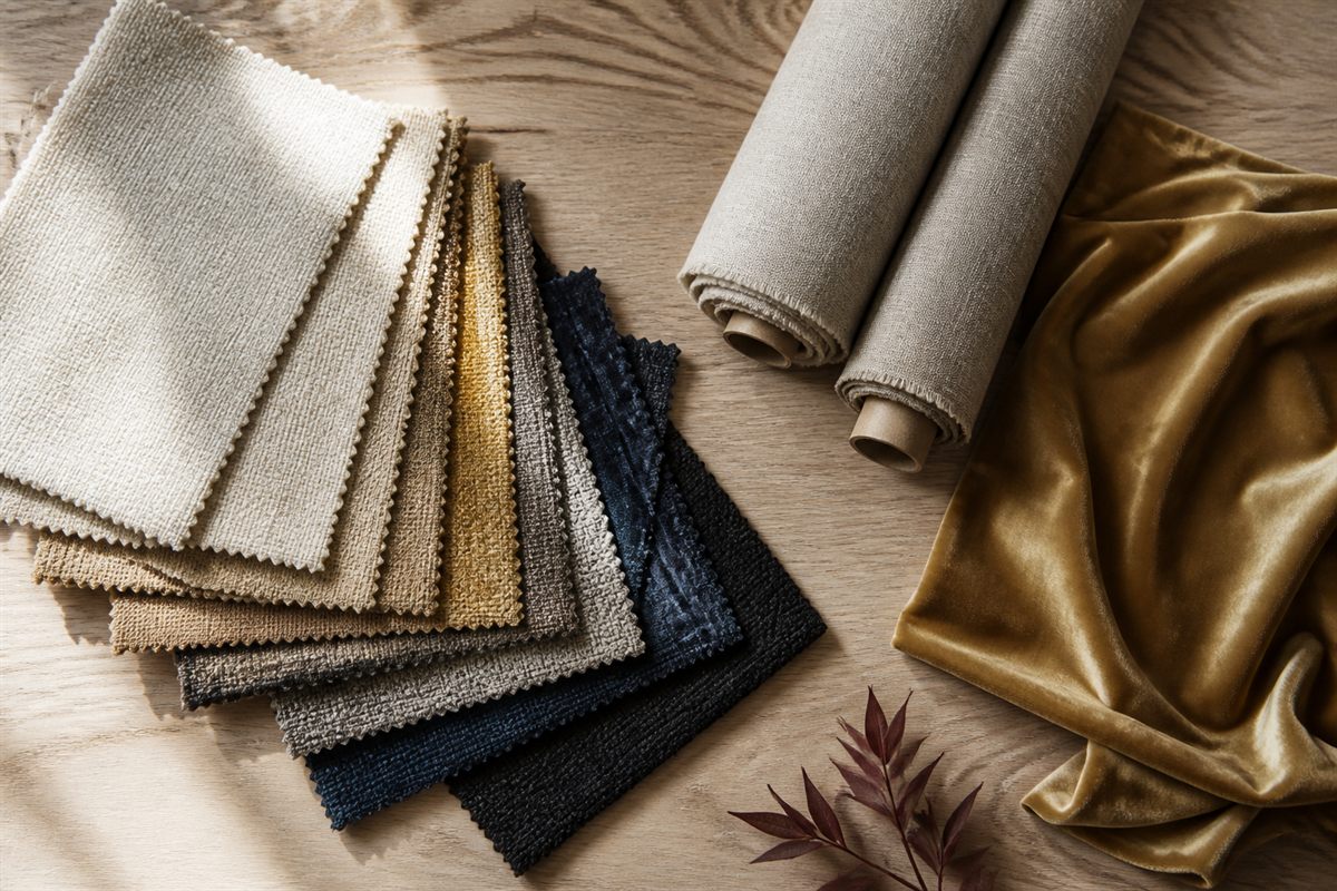 A fanned stack of fabric swatches in cream, gold, taupe, navy and charcoal beside rolled bolts of linen and a length of gold velvet.