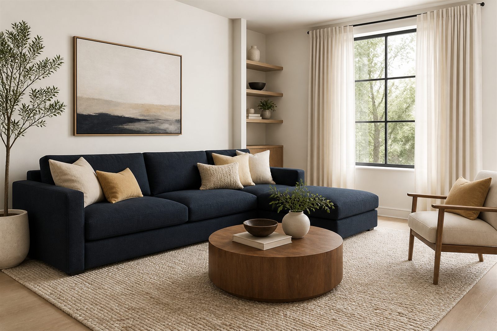 A 3D visualization render of a living room scheme: navy sofa with gold and cream cushions, a round walnut table, cream linen curtains, and a woven rug.